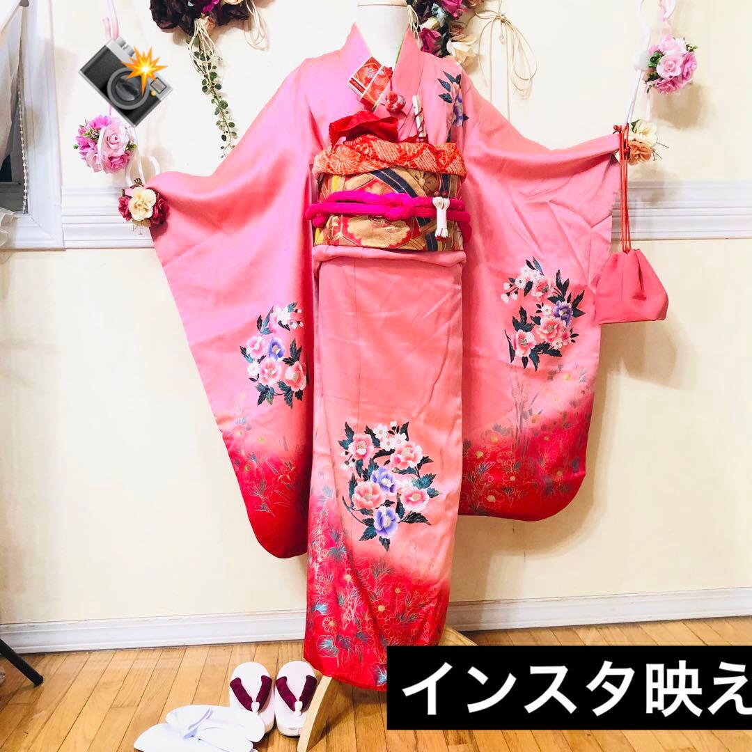 七五三七歳‼正絹可愛いピンクに花々金箔金彩煌びやか際立つ❤️完全フルセット