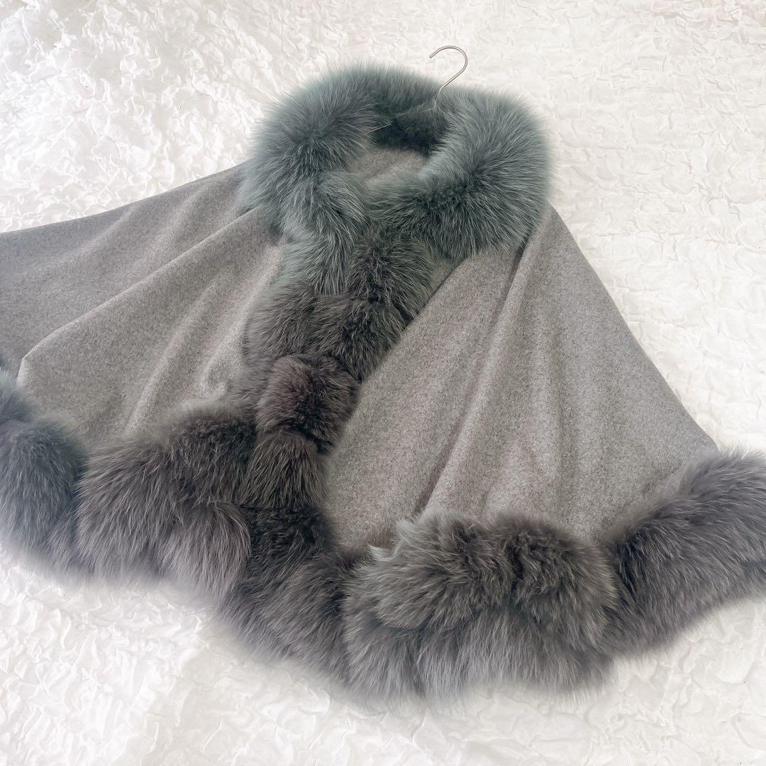 SAGA FURS ポンチョ カシミヤ100％ ブルーフォックス ラビット 毛皮