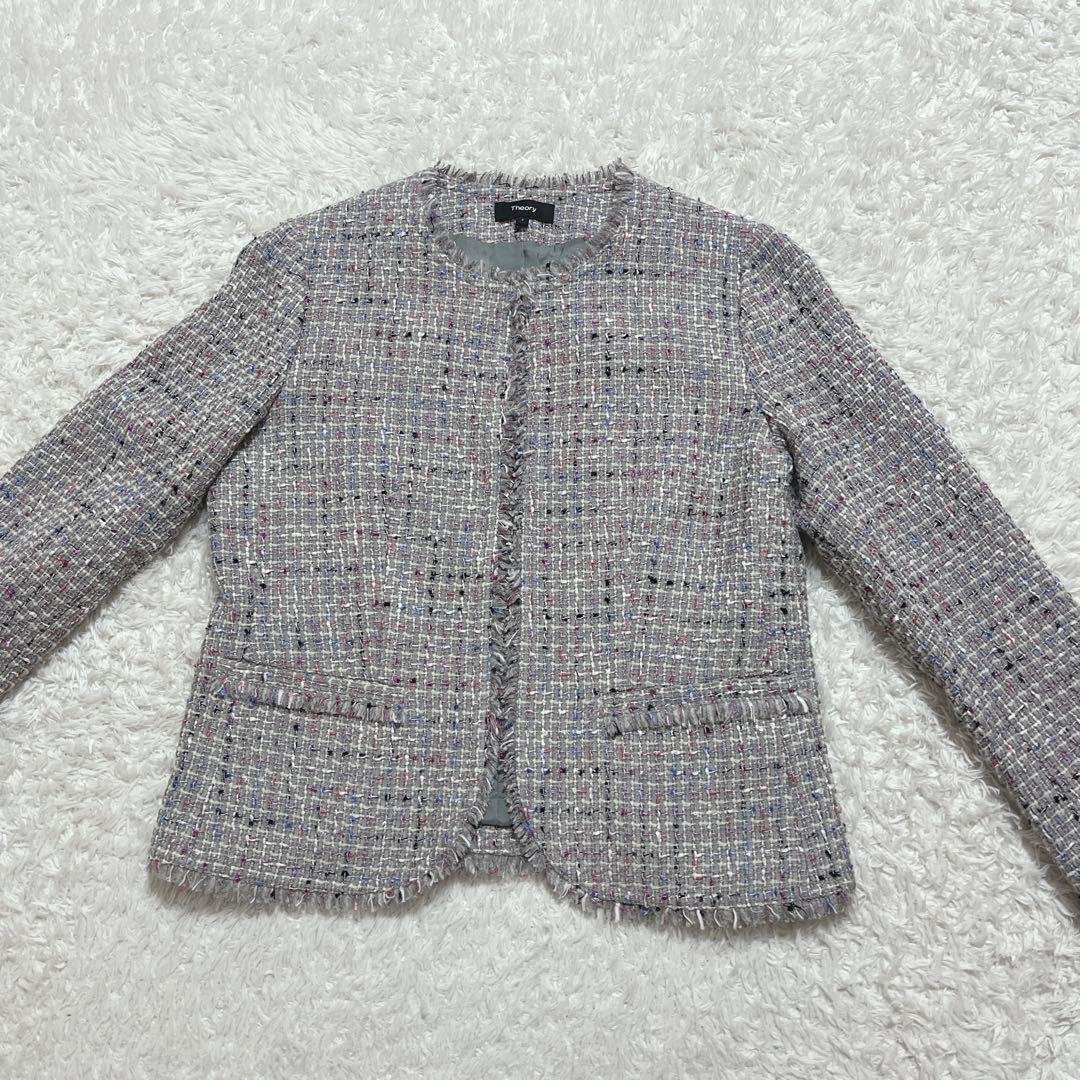 極美品✨Theory ノーカラージャケット　ミックスツイード　フリンジ　2