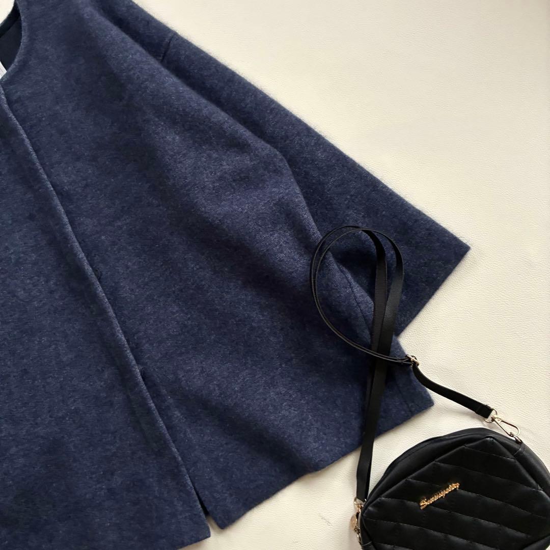 ◆未使用級◆ビアズリー◆洗えるノーカラーウールニットコート◆ネイビー◆ラクーン