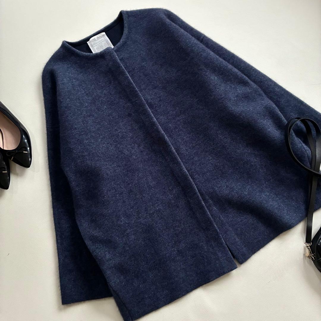 ◆未使用級◆ビアズリー◆洗えるノーカラーウールニットコート◆ネイビー◆ラクーン