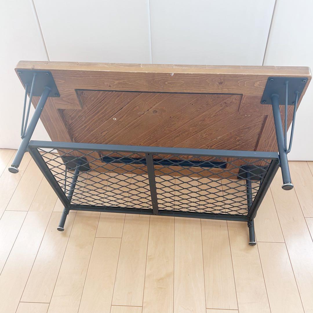 アンティーク　センターテーブル　コーヒーテーブル　メッシュスチール棚　パイン材