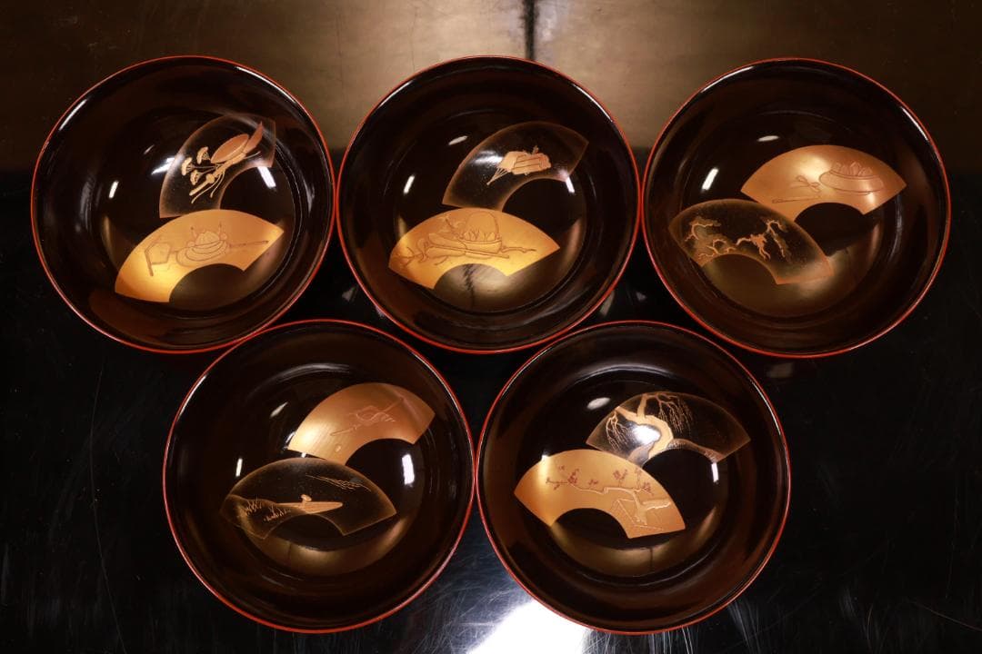 時代輪島塗　扇面絵違金蒔絵　吸物椀　５客　木製　図替　絵違 BJ055