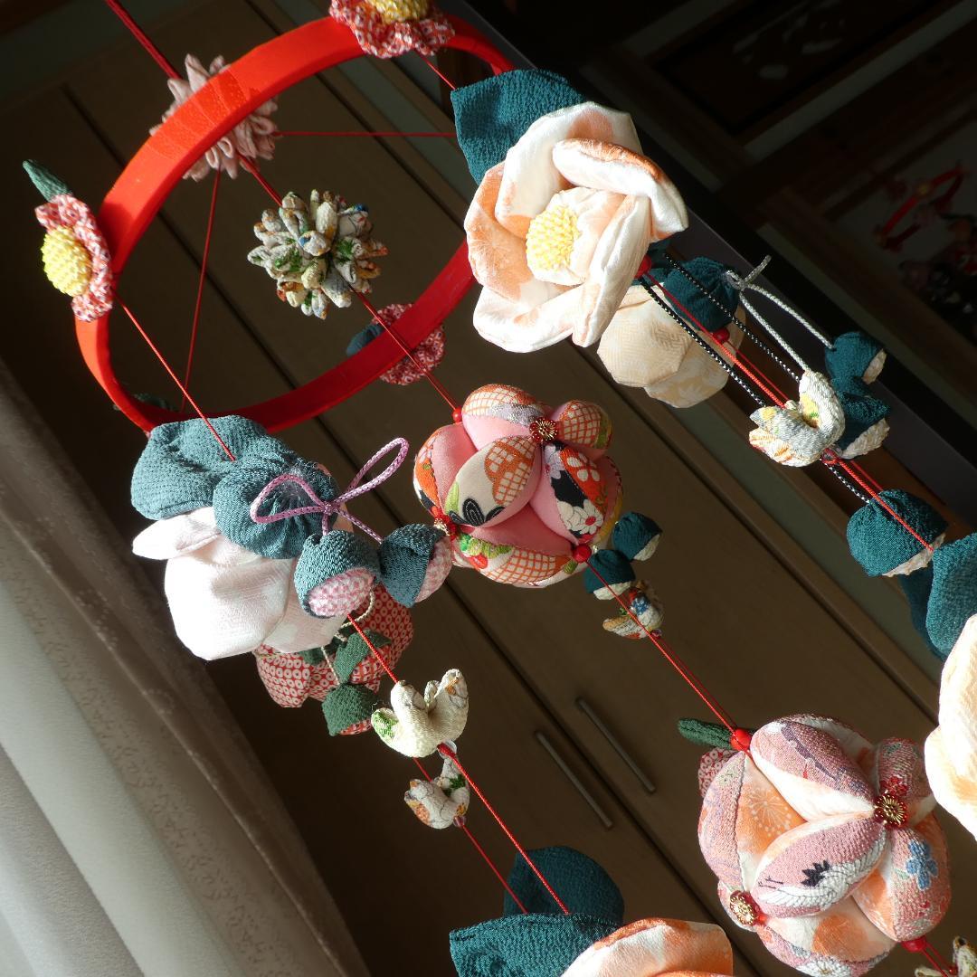 古布　正絹　吊るし椿　錦紗縮緬　ピンク　桃色　疋田模様　さげもん　アンティーク