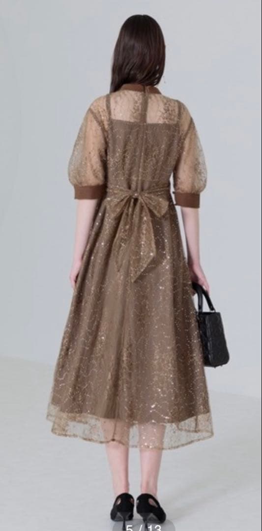 【LEJA】配色パイピングレーススパンコール刺繍パフスリーブフレアドレス