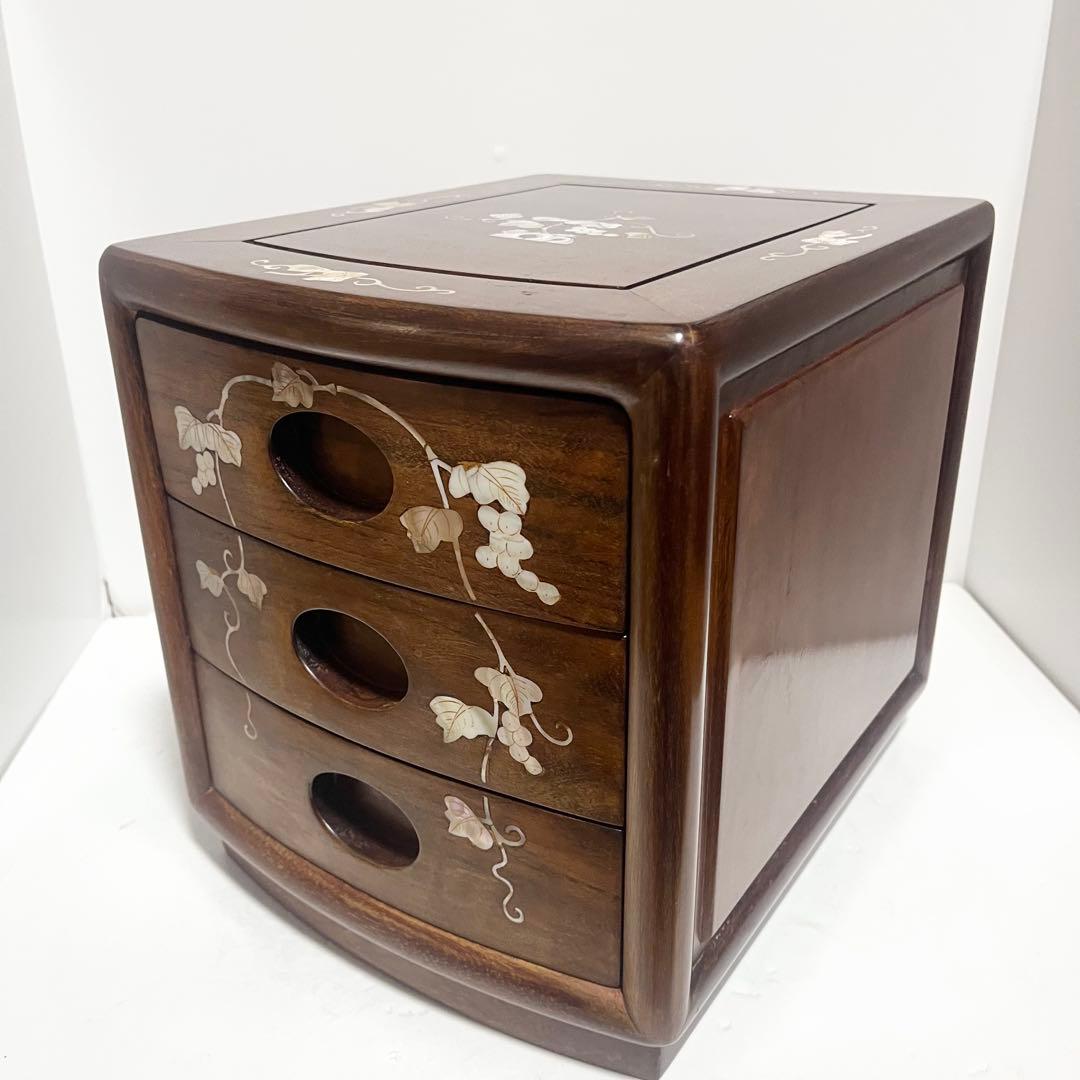 花梨 螺鈿家具 唐木 螺鈿細工 小引出し 3段 李朝 小型チェストアンティーク