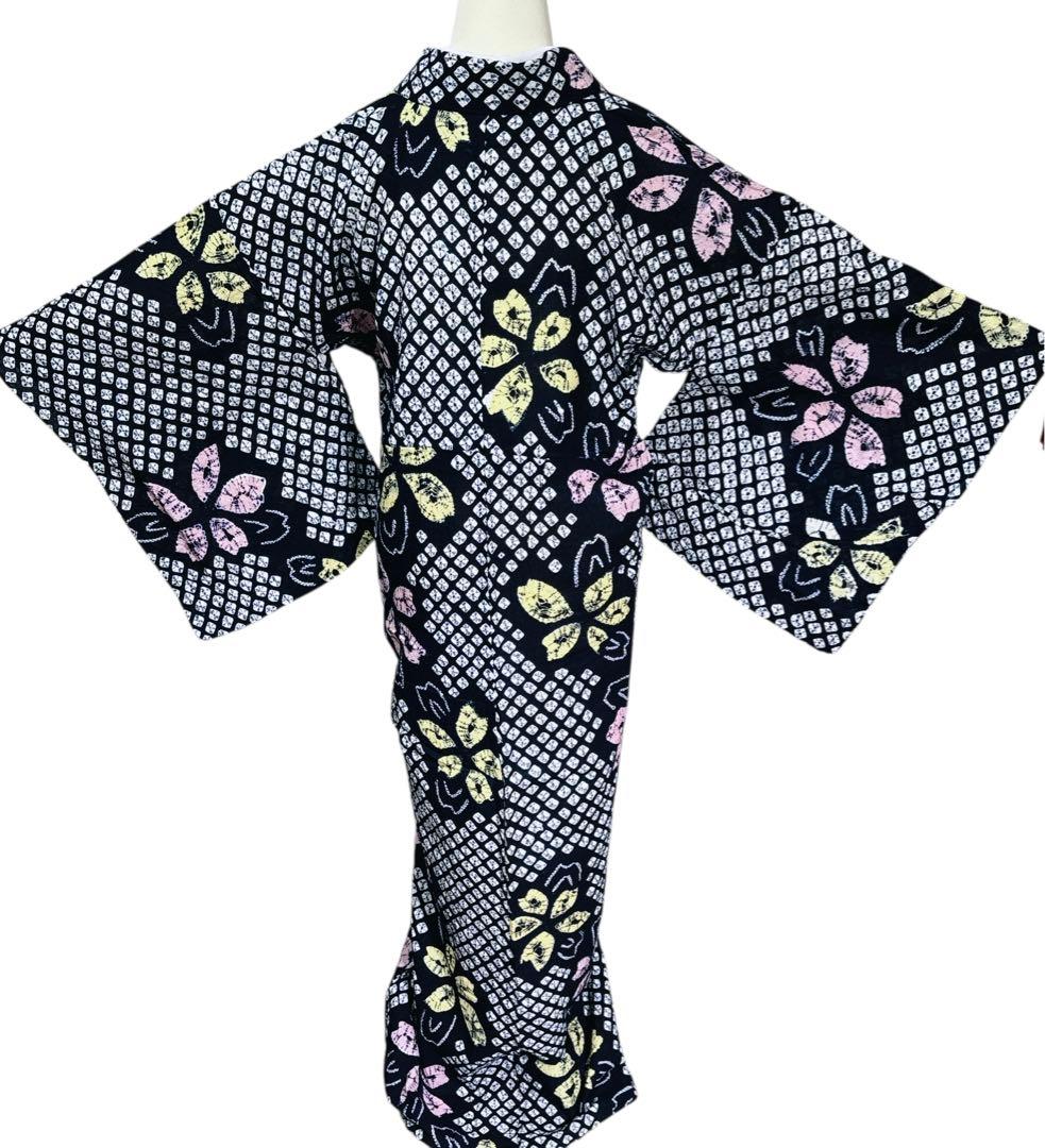 A94有松鳴海絞り 高級浴衣 花 綿　美品　トールサイズ　身丈162cm