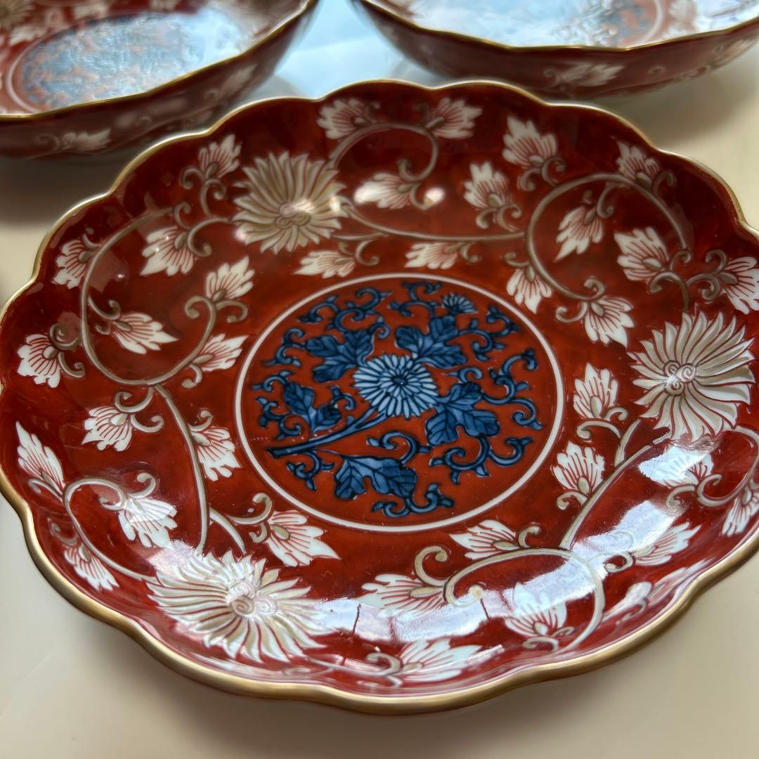 【希少】源右衛門作　古伊万里の伝統　日本の銘窯　赤濃菊唐草文　五枚セット