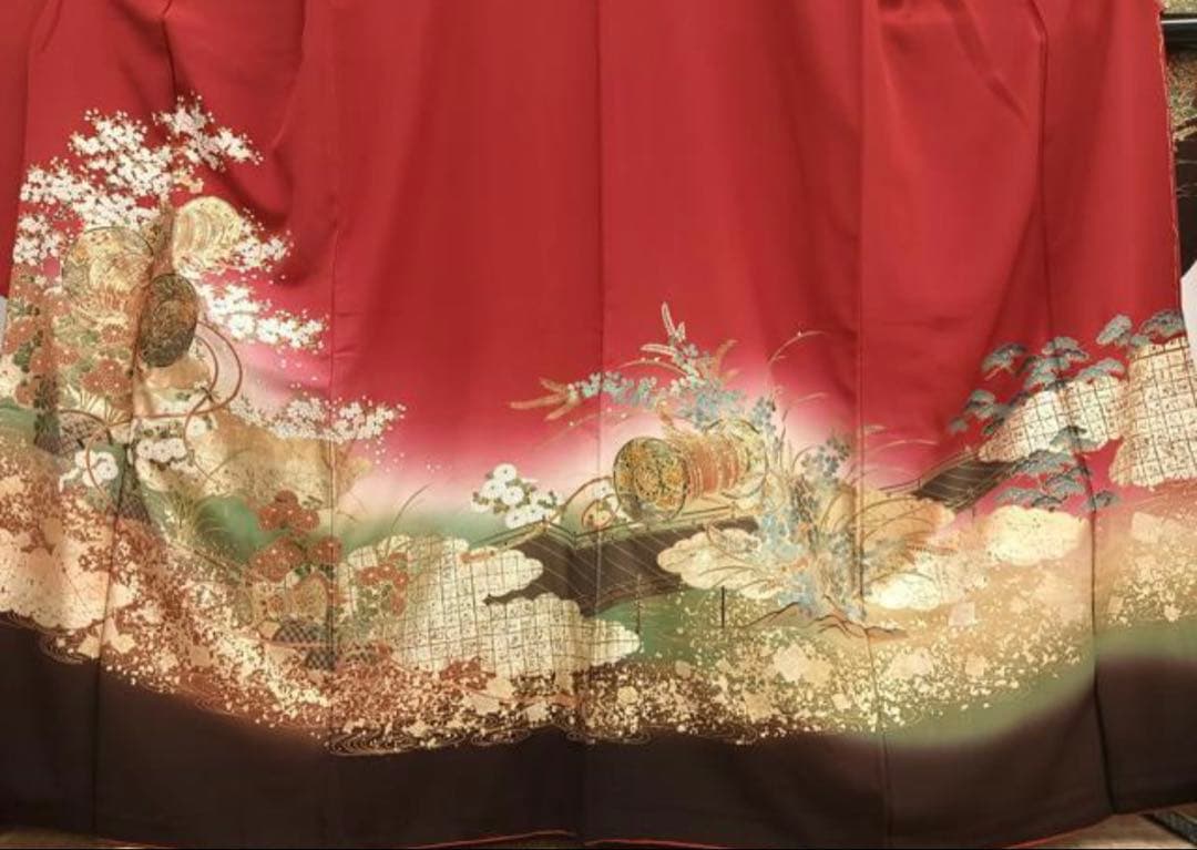 振袖フルセット6点サイズM〜Ｌ糸巻き花文　暈し染め　金彩　正絹