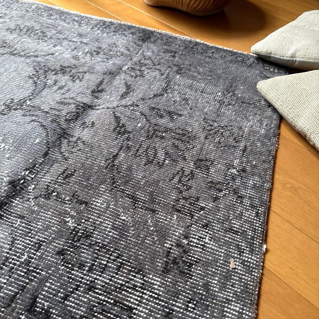 92.5×92.5 正方形　ダークグレイ　ボタニカル　トルコヴィンテージラグ