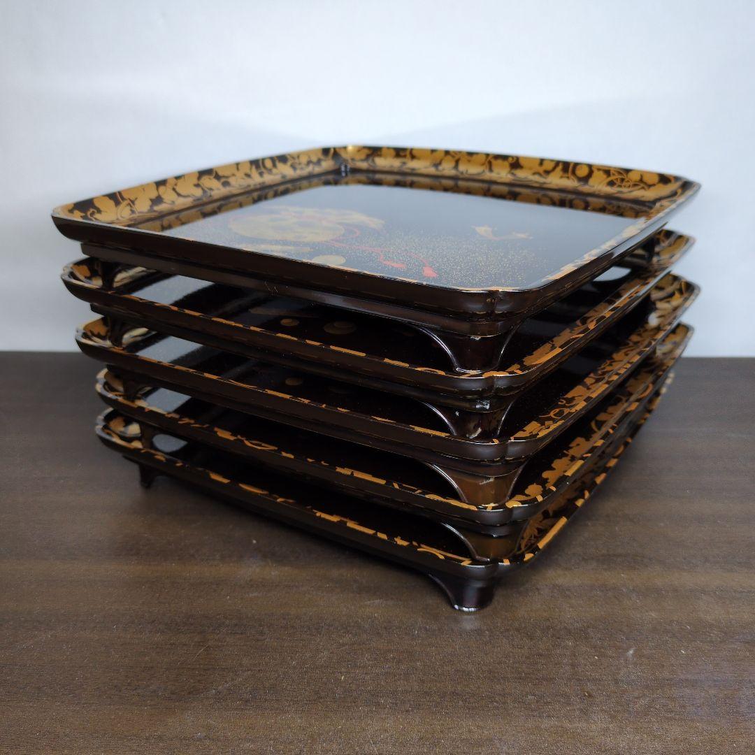 T*i様 時代 金銀蒔絵 宝尽し唐草文 足付き 盆 五客