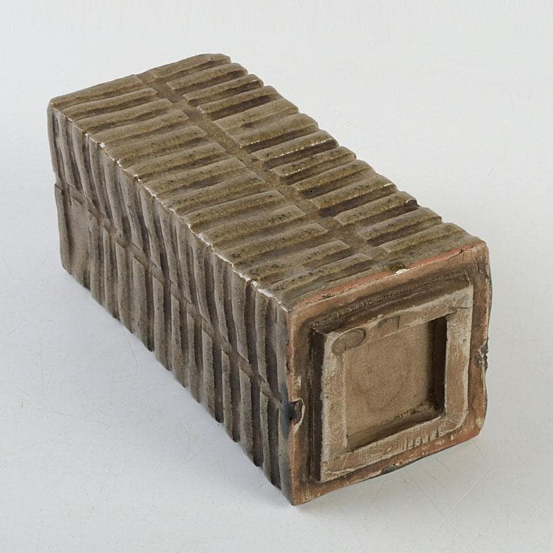 備前焼　古備前　虫明窯　青磁算木形花入　花瓶　共箱　C　9383