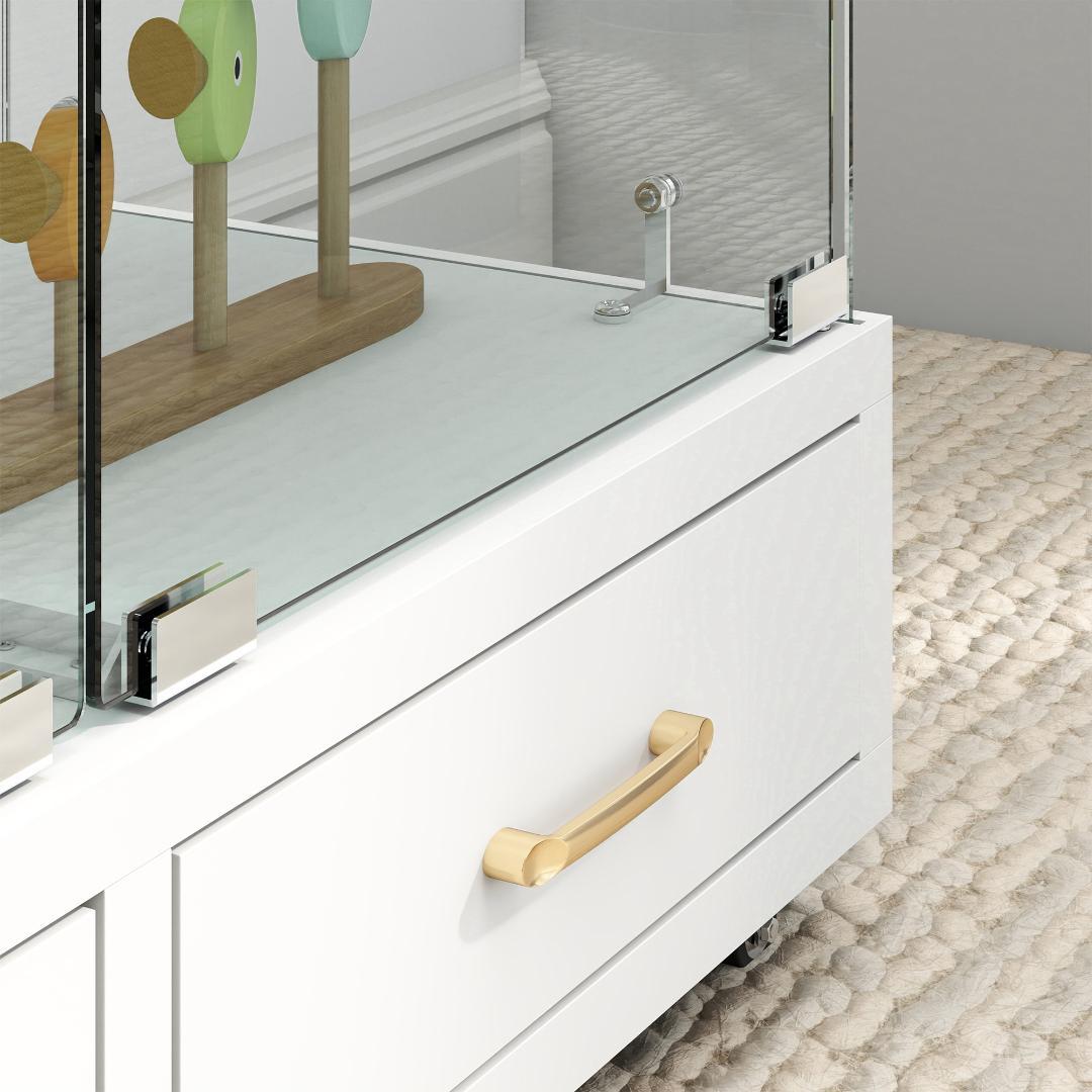 【ホワイト】 LED照明・引出し付 ガラス収納キャビネット4段 両開ドア