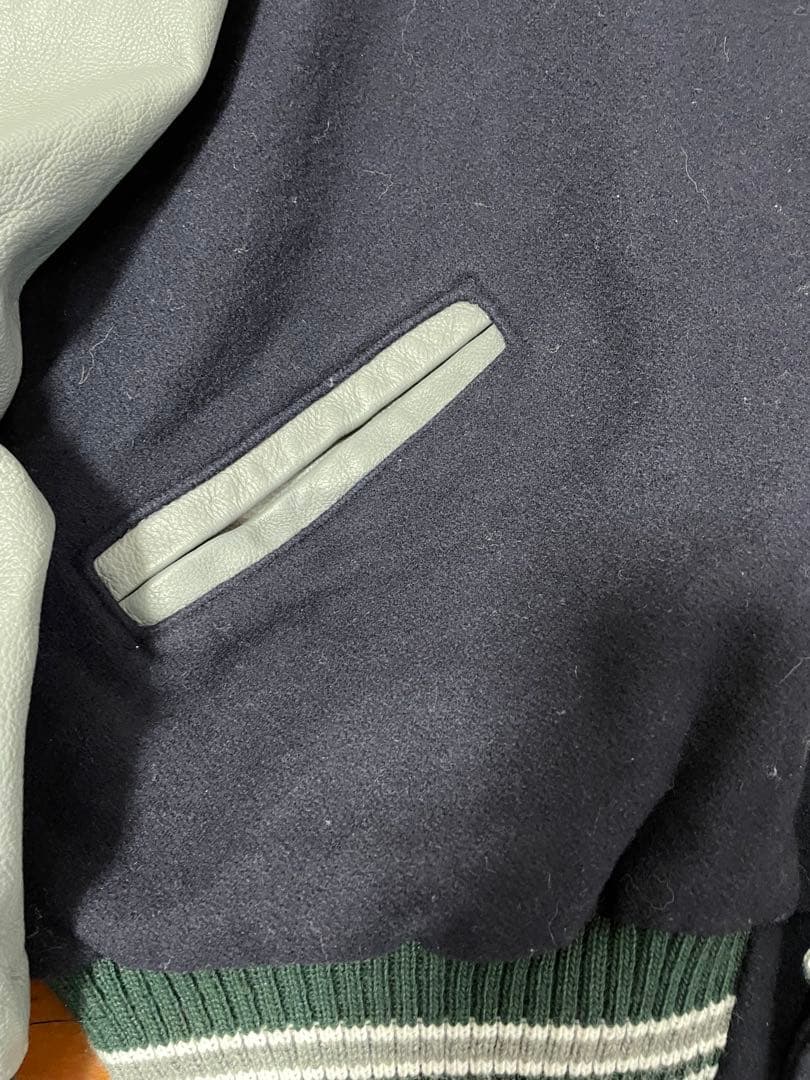 DeLONG レザースリーブ 無地スタジャン 2XL ネイビー＆グレー