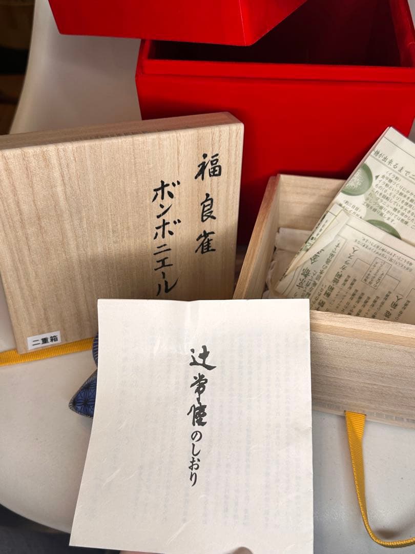 青花染付 描金 福良雀 ボンボニエール 宮内庁御用達 十五代 辻常陸製 双重箱