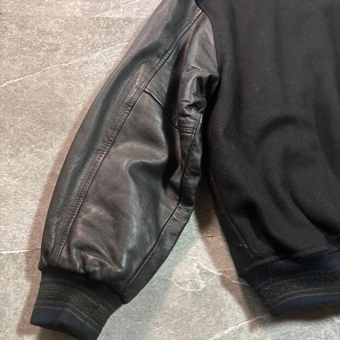 スタジャン 本革 ウール unknown L ブラック 90s