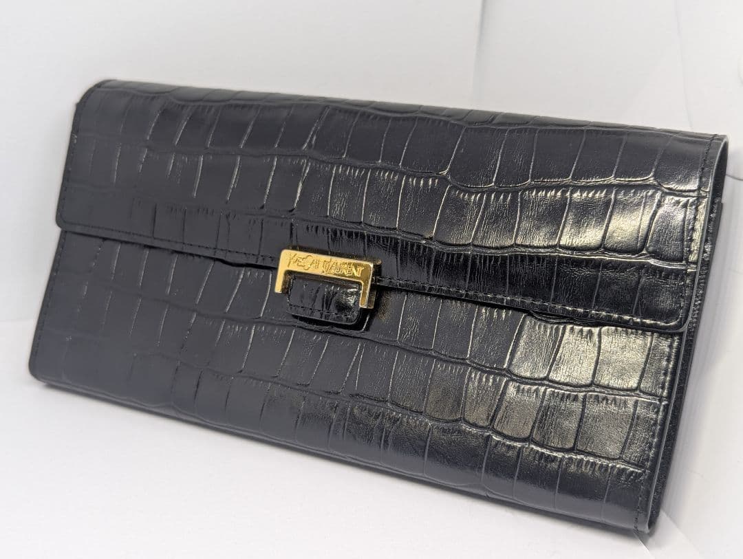 イブサンローラン 長財布 レザー クロコ型押し ブラック　美品
