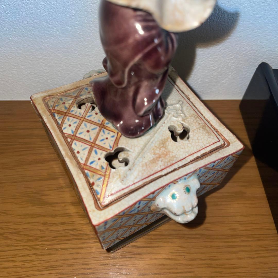 骨董品コレクション　九谷焼　時代物　香炉　蓮花模様獅子飾り
