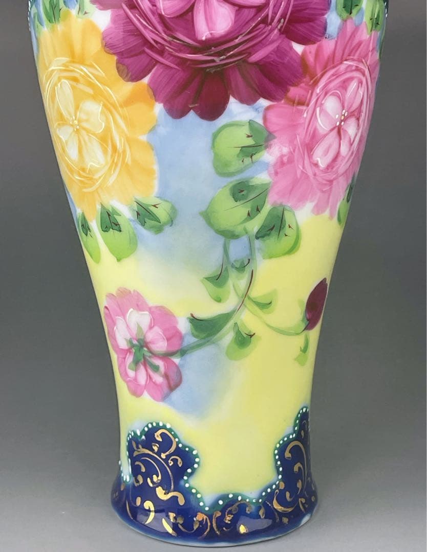【希少】オールドニッポン 約２２．５cm アールヌーボー薔薇紋金盛りコバルト花瓶