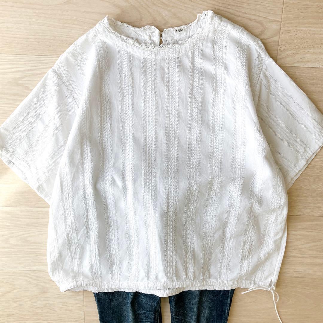 45R インドカラミdeレースTシャツ 半袖 ブラウス 白 45rpm