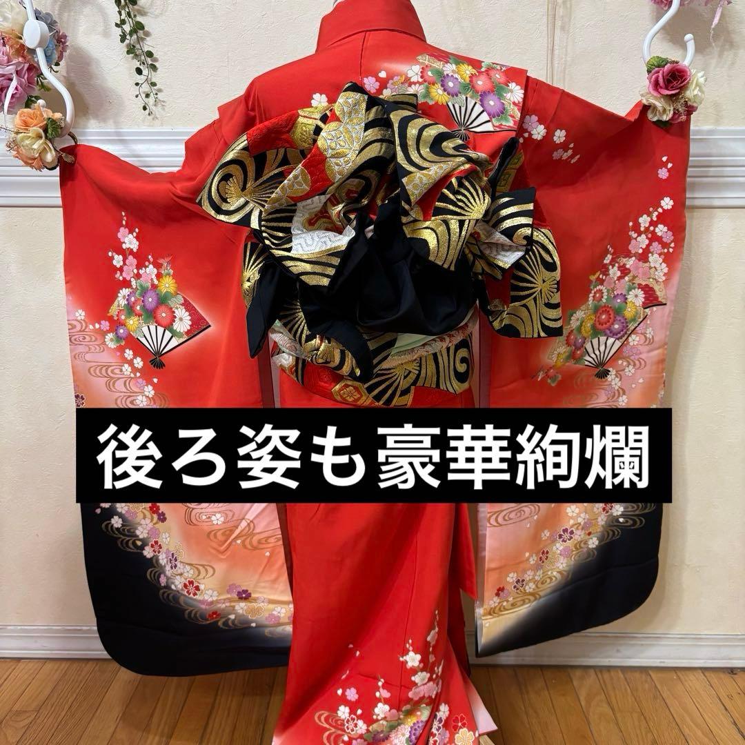 七五三 女子着物 7歳赤地暈し‼️豪華扇花々金彩金箔絢爛完全フルセット‼️