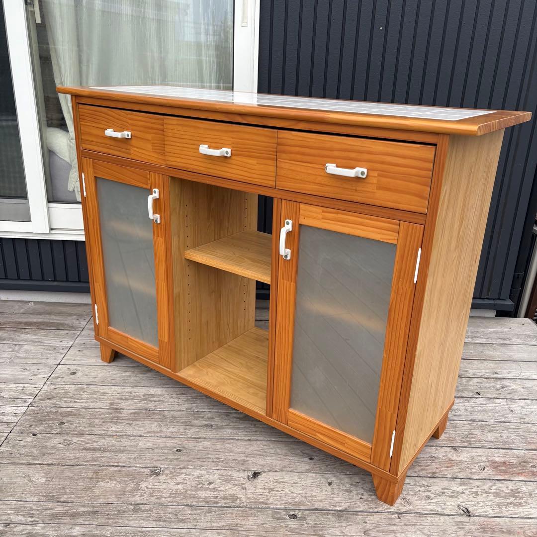 北欧レトロ 脇木工 カウンターテーブル 両面開き タイル天板 収納棚付き 食器棚