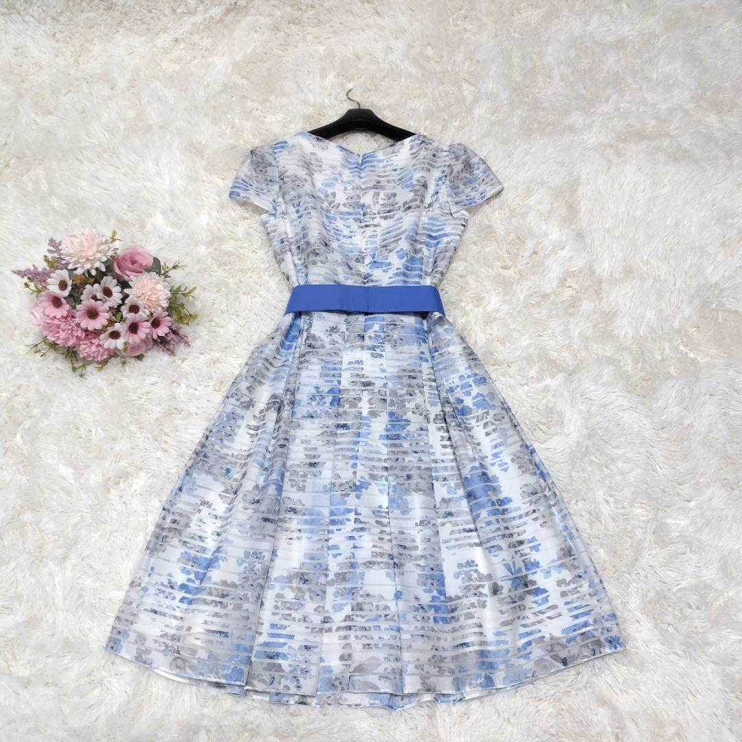 【美品♡人気デザイン】エムズグレイシー　シアーフラワーリボンフレアワンピース　青