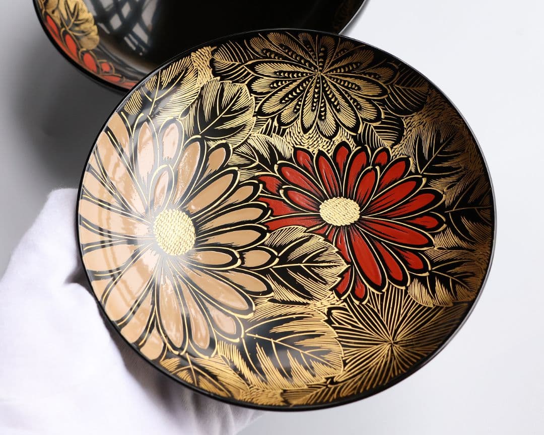 【CM366】輪島塗 塩徳屋漆器店 沈金 菊尽 煮物椀 五客 木製漆器 黒塗