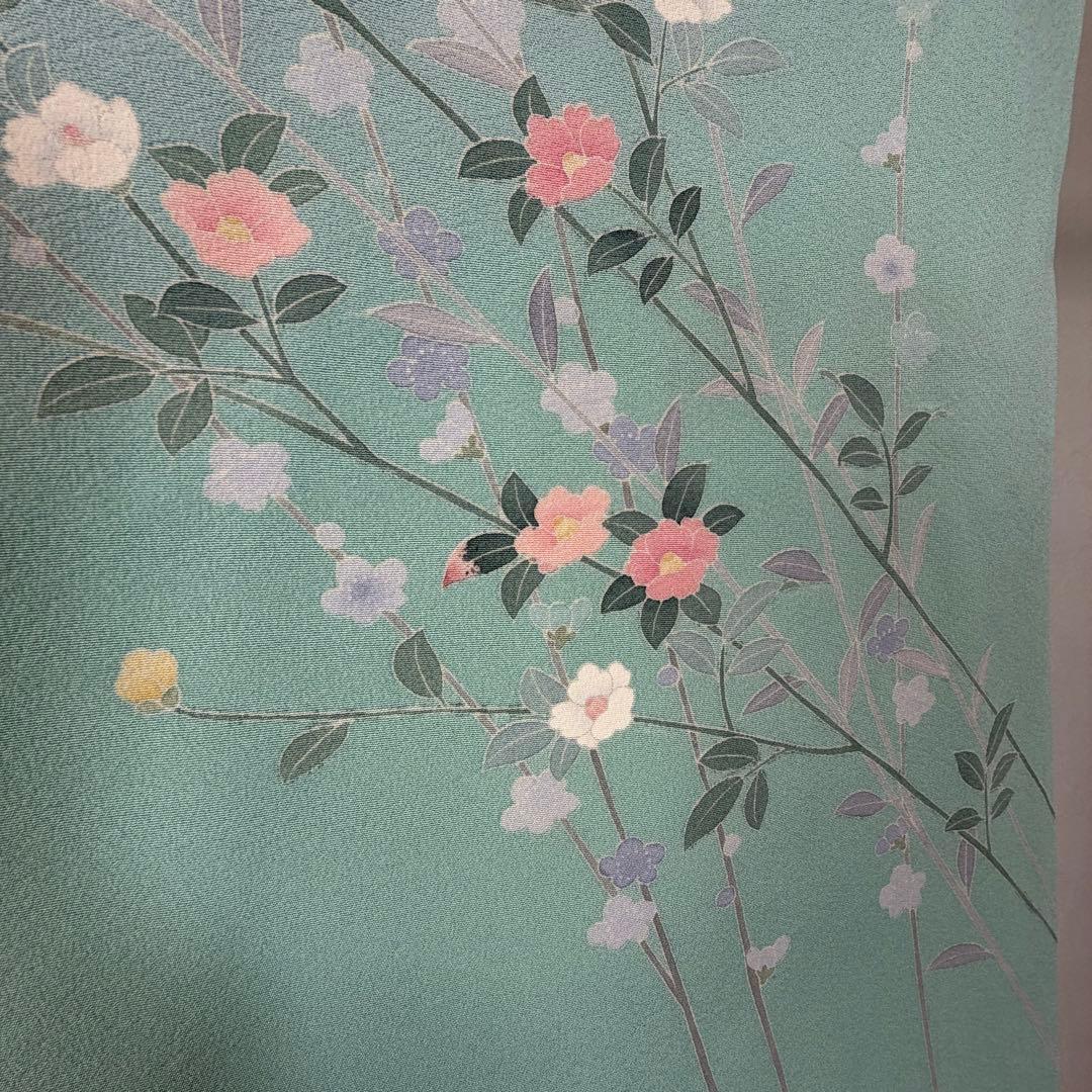 超美品　正絹　訪問着　着物　160　水色　作家物　峰山和生　手書き友禅　紋無し