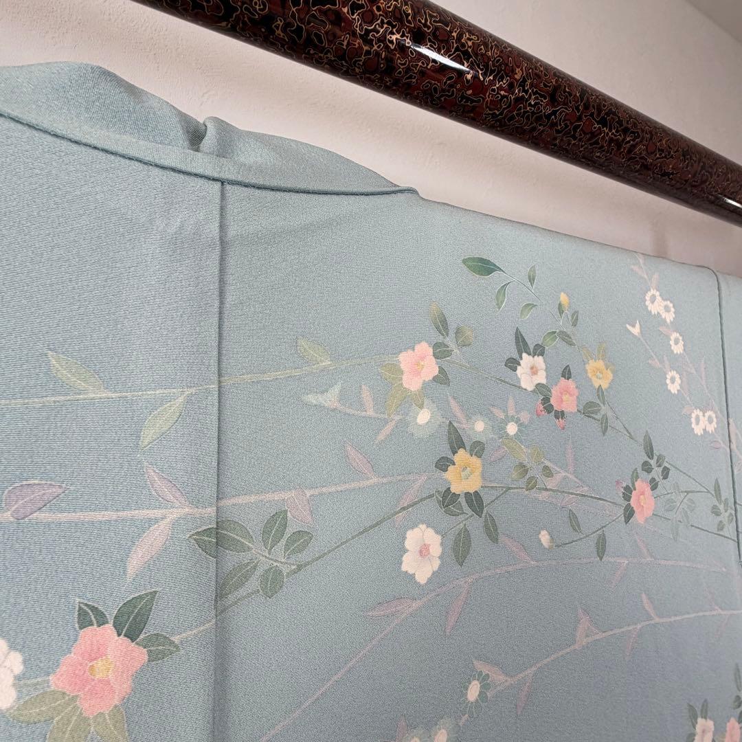 超美品　正絹　訪問着　着物　160　水色　作家物　峰山和生　手書き友禅　紋無し