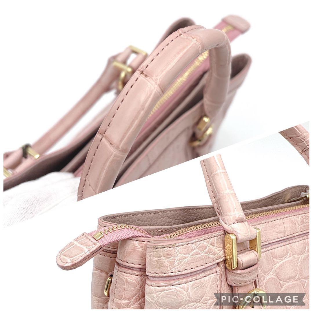 JRA認定 リアルクロコ 本革 2way ショルダーバッグ ハンドバッグ ピンク