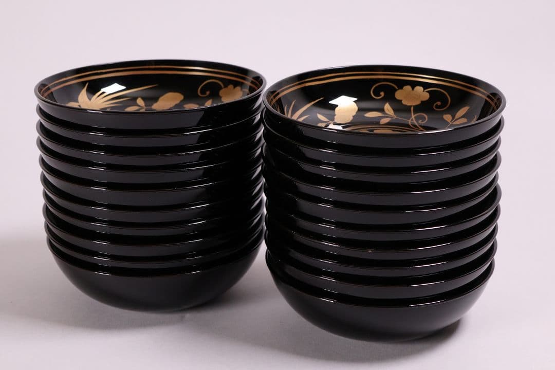 【MA723】木製漆器 長寛写 金蒔絵 黒塗木皿 二十客 吉祥鶴 菓子皿 小皿