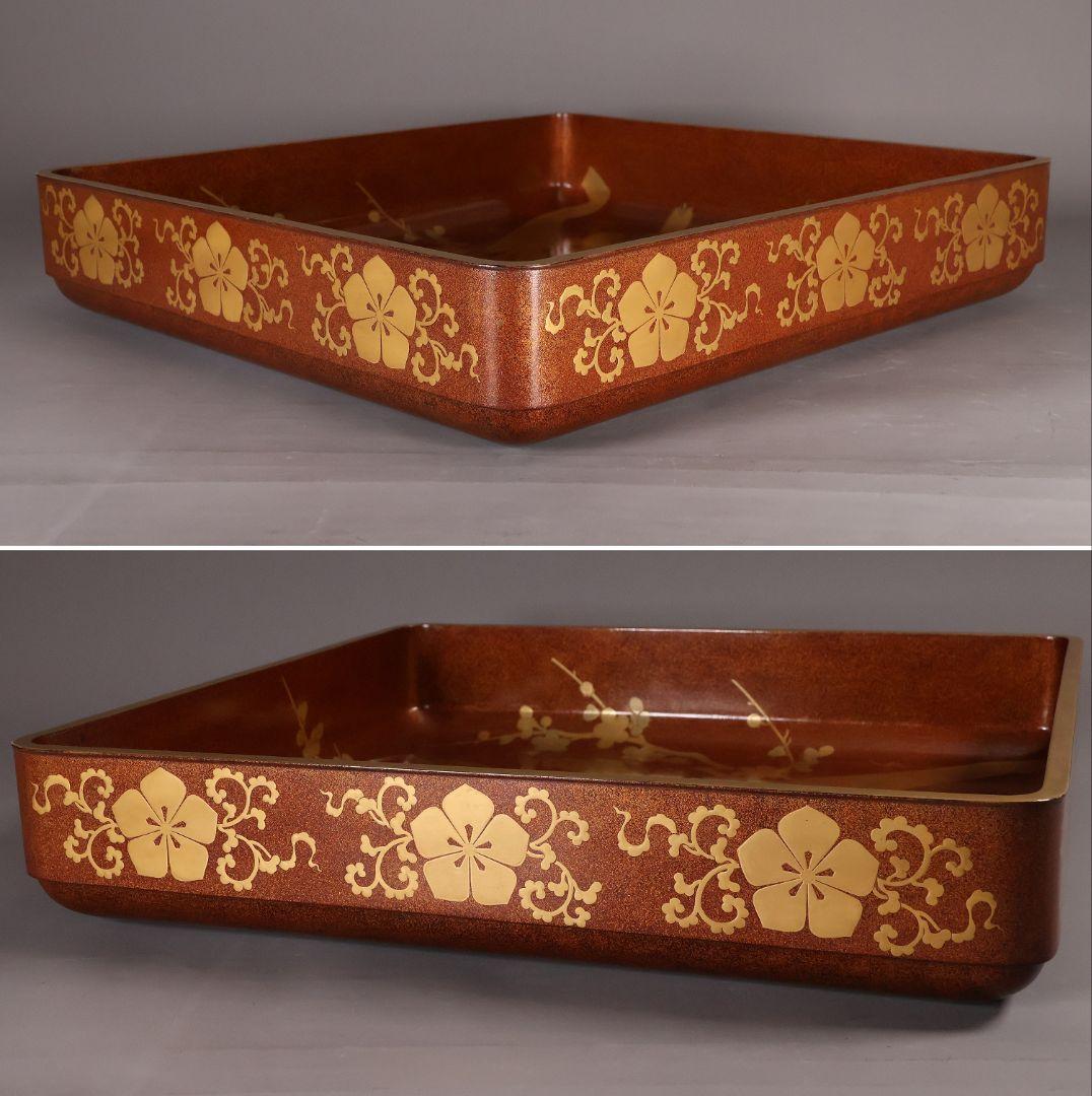 【MA797】時代木製漆器 梨子地 松梅・桔梗唐草 金蒔絵 呉服蓋 広蓋 広盆