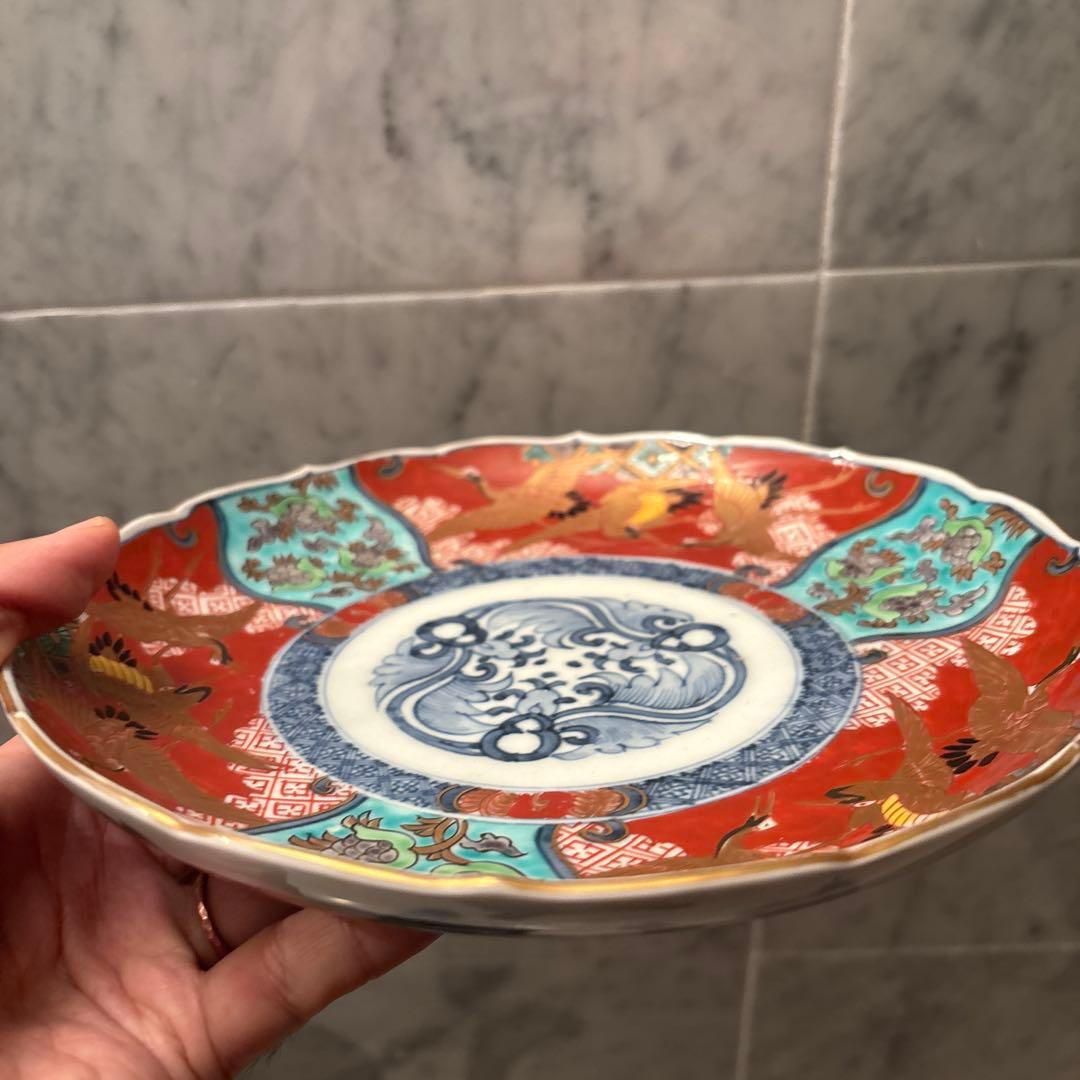 江戸後期 古伊万里 鶴やお花美しく金彩ふんだんの豪華絢爛な赤絵大皿23cm