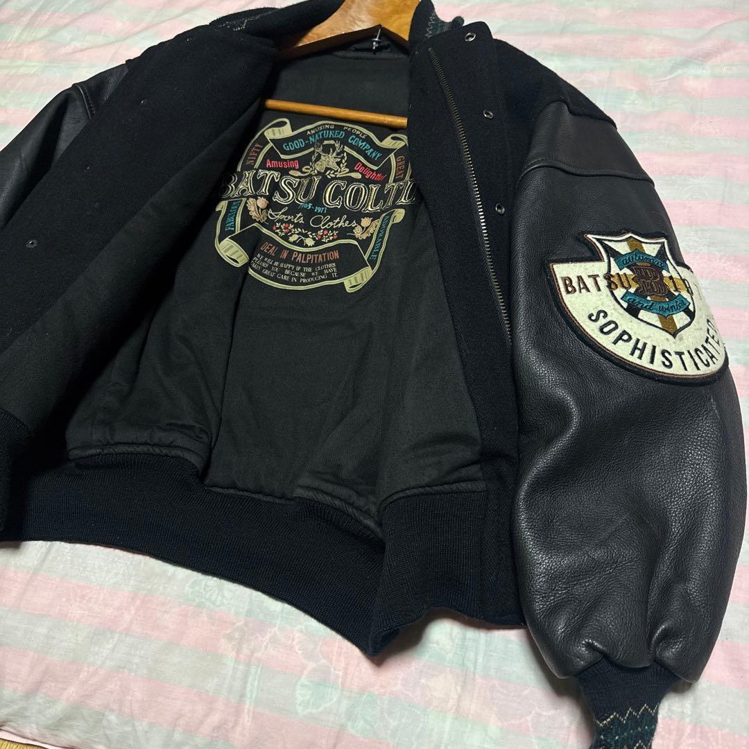 80's 90's BATSU スタジャン　袖レザー　刺繍ワッペン　ジップアップ