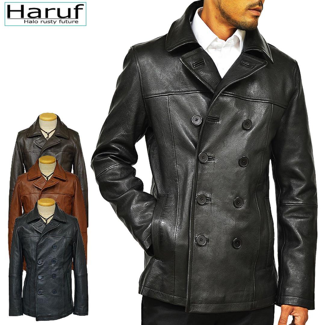 本物 新品 本革 ピーコート レザージャケット 革ジャン メンズ ブラック