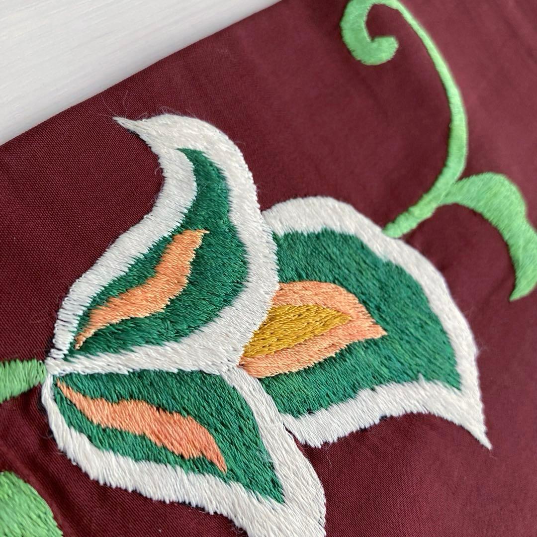 アンティーク名古屋帯　刺繍の花唐草　チョコレートブラウン　正絹　No.6-28