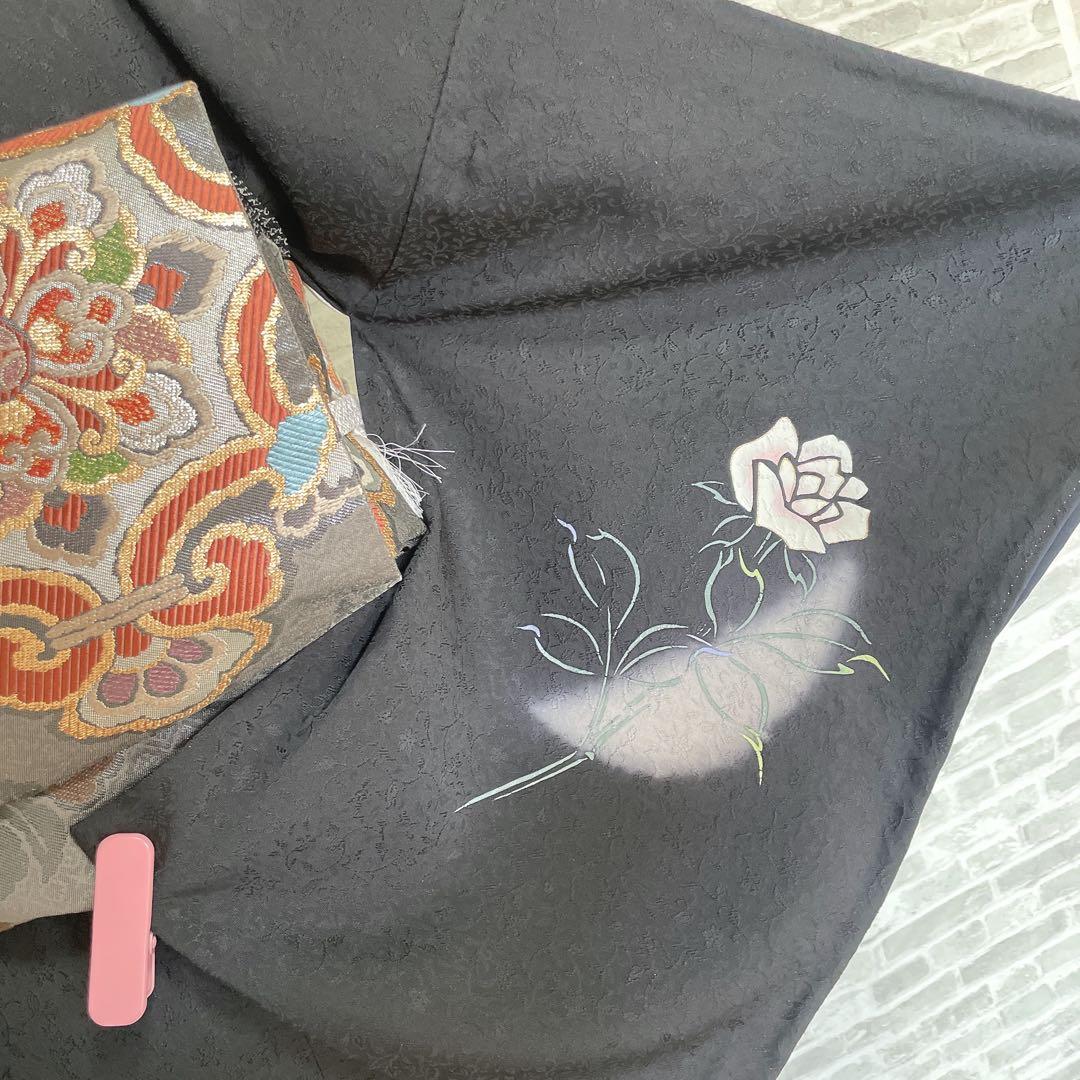 訪問着　フルセット　薔薇　月夜　黒地　金彩加工　おおみ安心ガード加工　着物　Q5