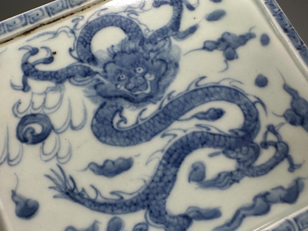 中国美術　明〜清時代　青花龍文硯屏　置物　時代　古物　唐物