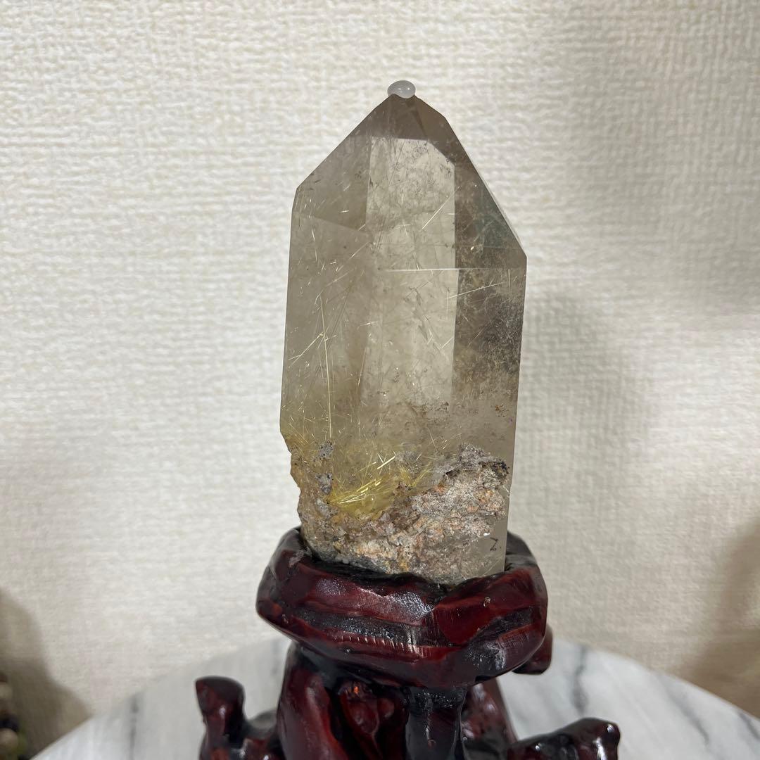 【天然石】ルチルクォーツ　ポイント　タワー　置物 高さ約20cm 流木台座付き