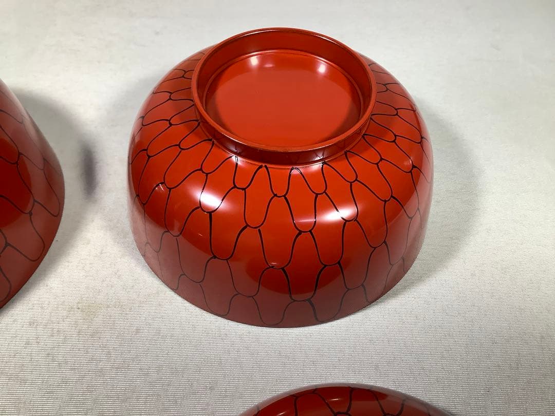 漆専堂　朱塗　黒網目　四つ椀　茶道具　茶会席