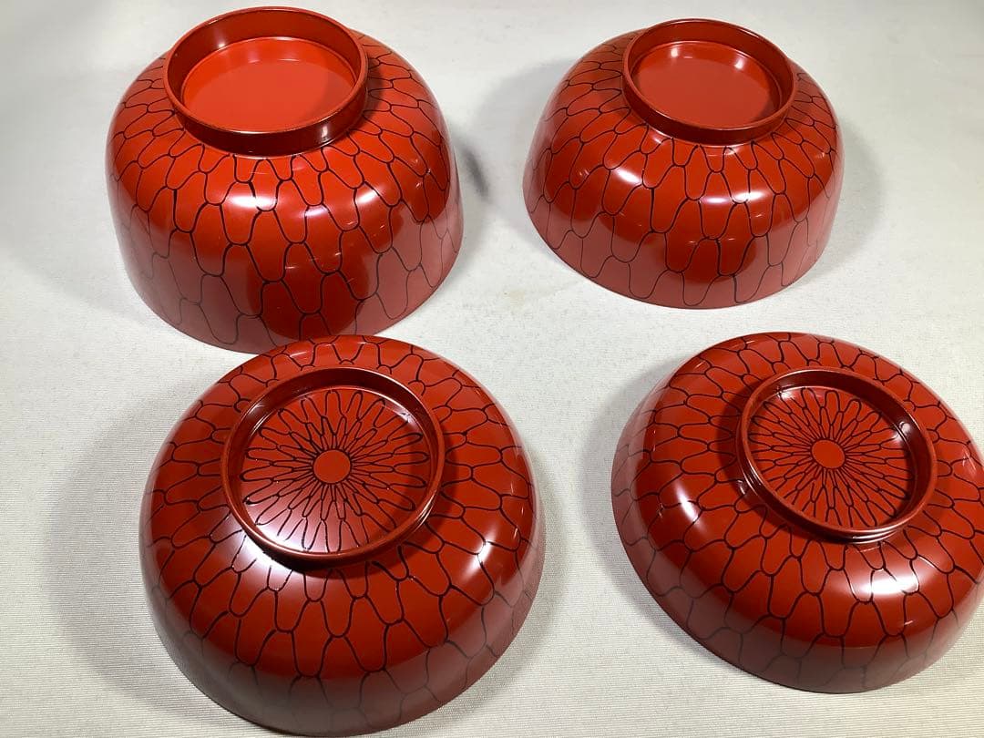 漆専堂　朱塗　黒網目　四つ椀　茶道具　茶会席