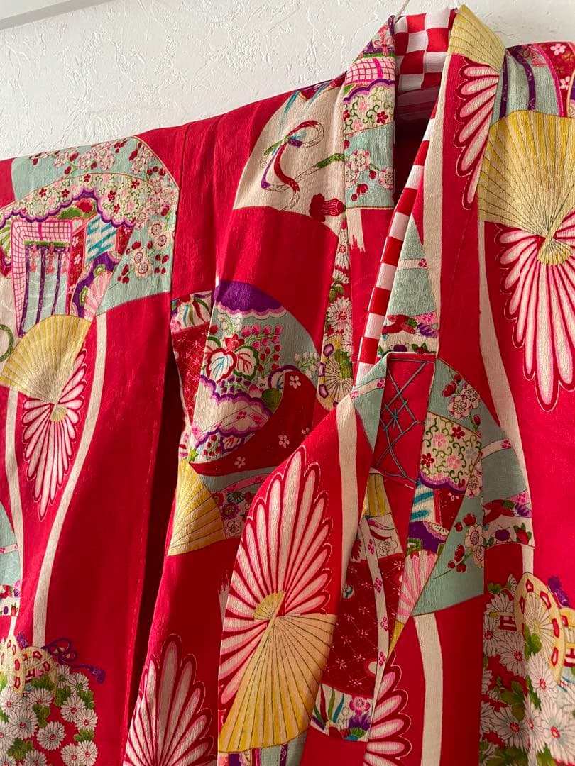 七五三　2歳〜３歳　アンティークお着物　レースの被布エプロンコーデ　ビーズバッグ