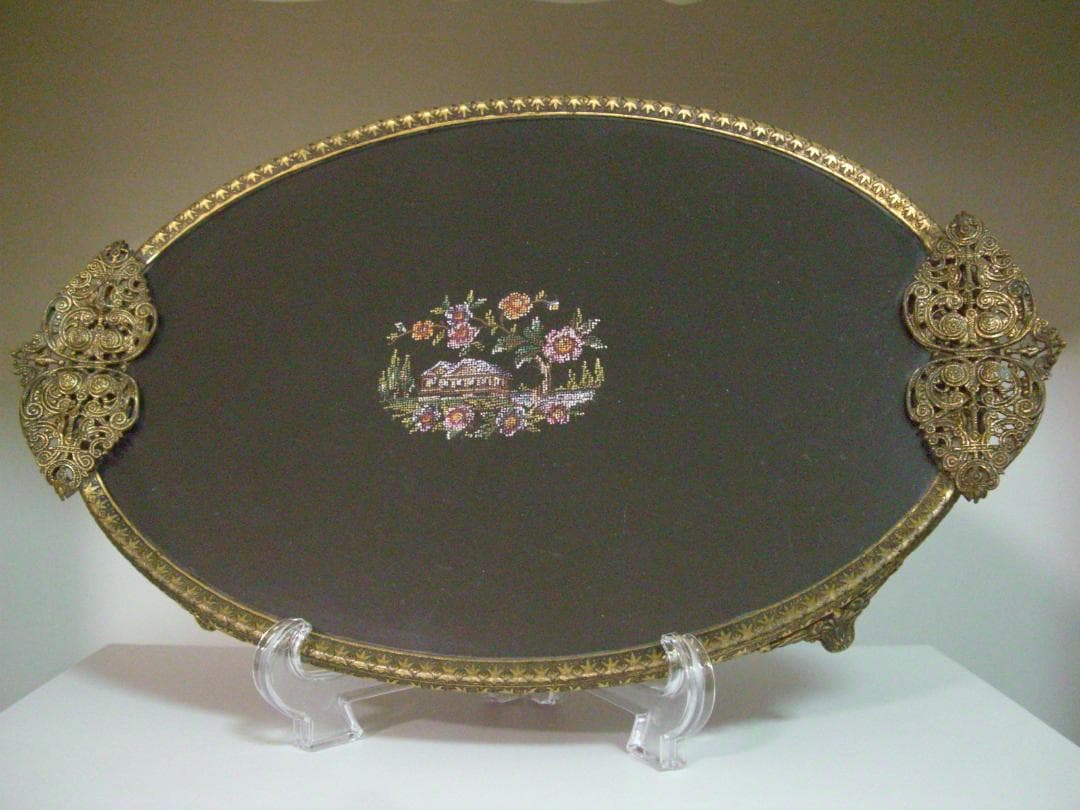 レア希少★プチポワン★ブラック×刺繍ガラスドレッシングトレー★アンティーク品