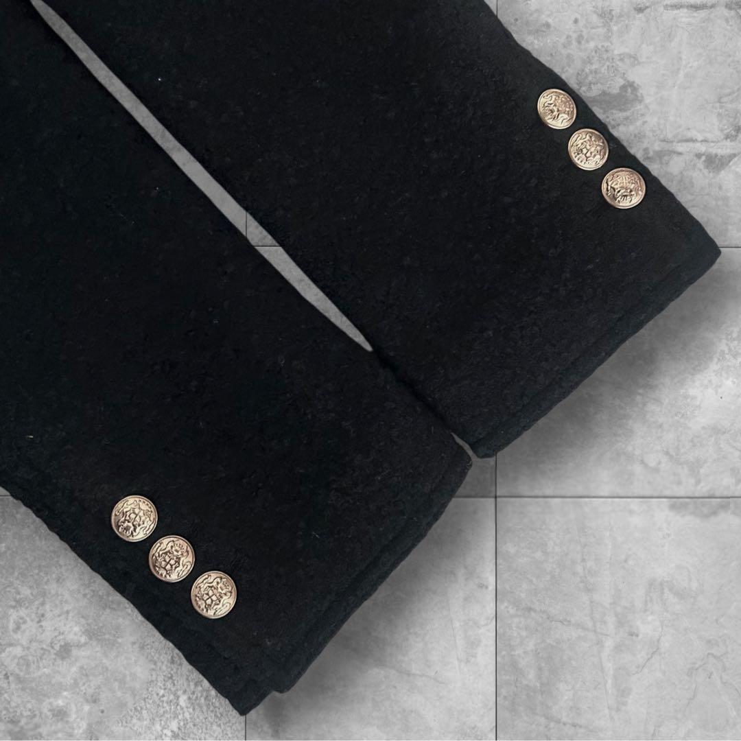 Lookast ノーカラージャケット ツイード ウール 金ボタン S ブラック