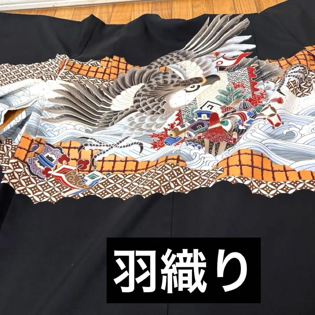 美品‼️七五三 五歳‼️人気の黒地に鷹 太鼓 金彩煌びやか❤️完全フルセット