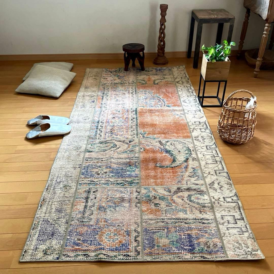 91×191優しいオレンジカラー　パッチワーク　トルコヴィンテージラグ