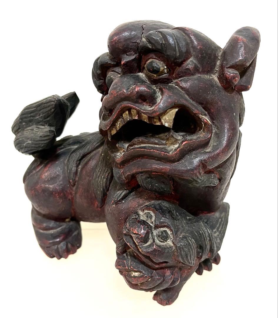 稀少珍品☆木彫置物 狛犬 獅子 シーサー 子付き・玉持ち 縁起物 魔除け