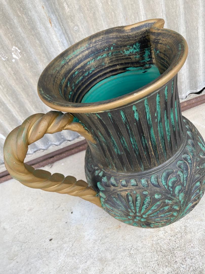 陶器製　花瓶　傘立て　壺　フラワーベース　置物　エメラルドグリーン　ゴールド