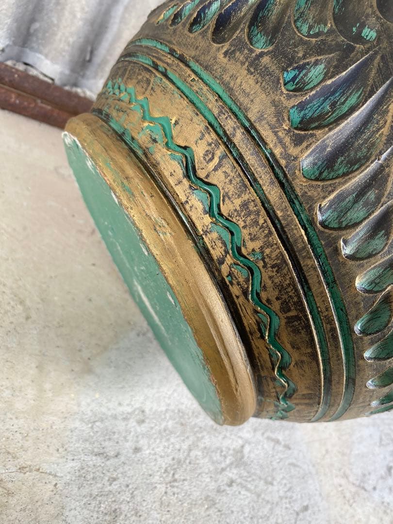 陶器製　花瓶　傘立て　壺　フラワーベース　置物　エメラルドグリーン　ゴールド